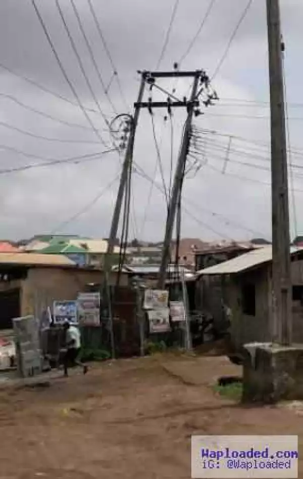 Photos: Electric Poles about to fall down in Isolo, Lagos